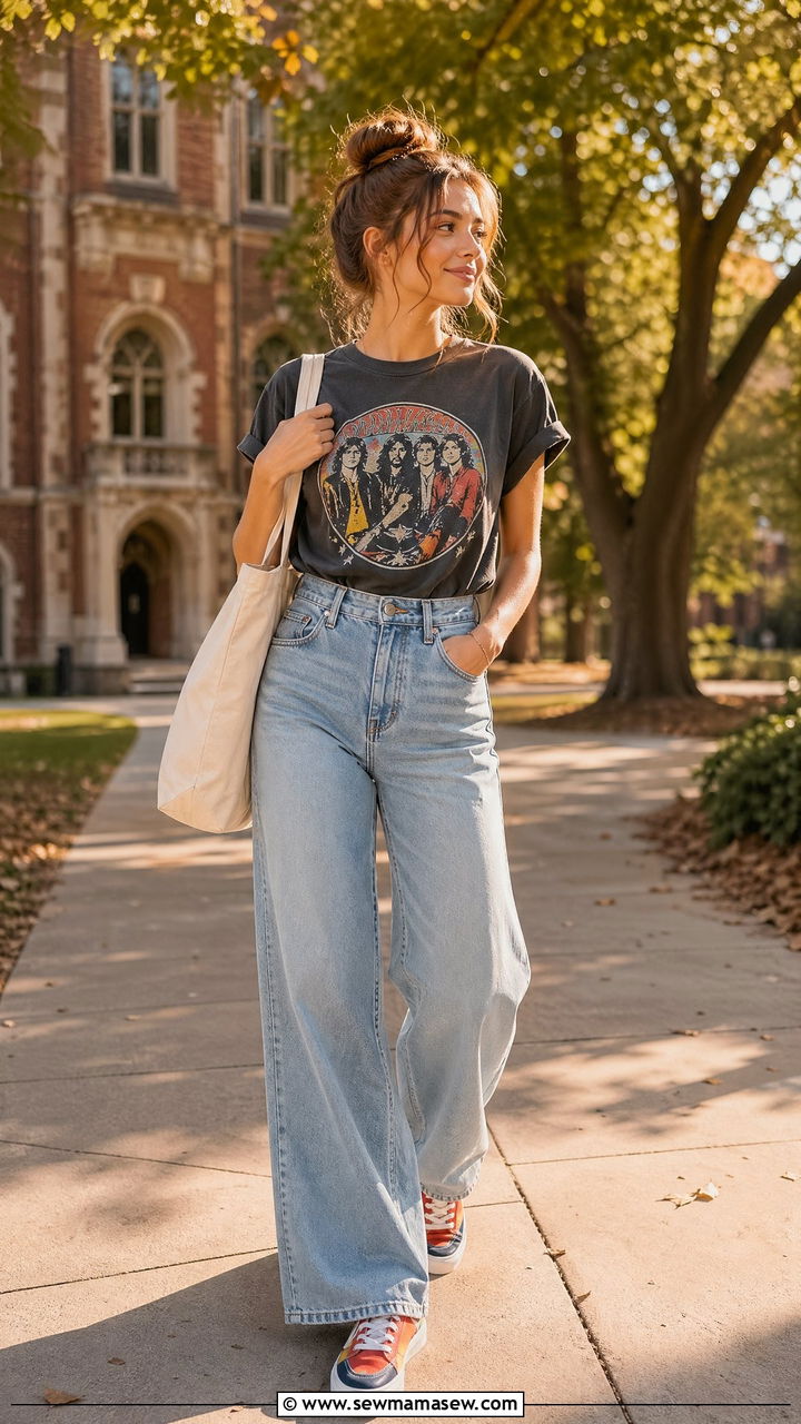 Graphic Tee and Wide Leg Jeans Outfit - 35 cute back to school outfits