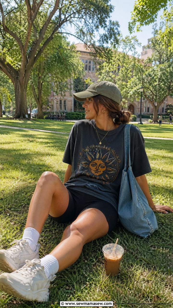 Graphic Tee with Bike Shorts Outfit - 35 Summer outfits for college girls