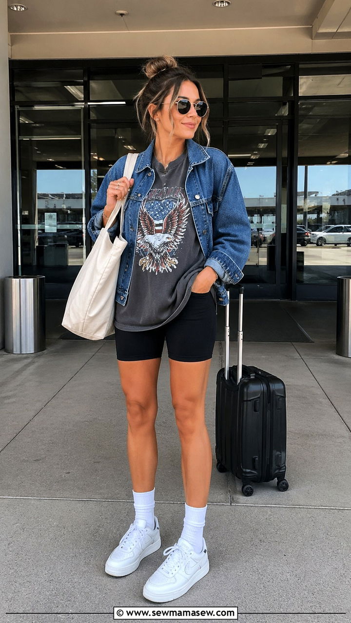 Graphic Tee with Biker Shorts and Denim Jacket - 30 Sporty chic outfit ideas for travel