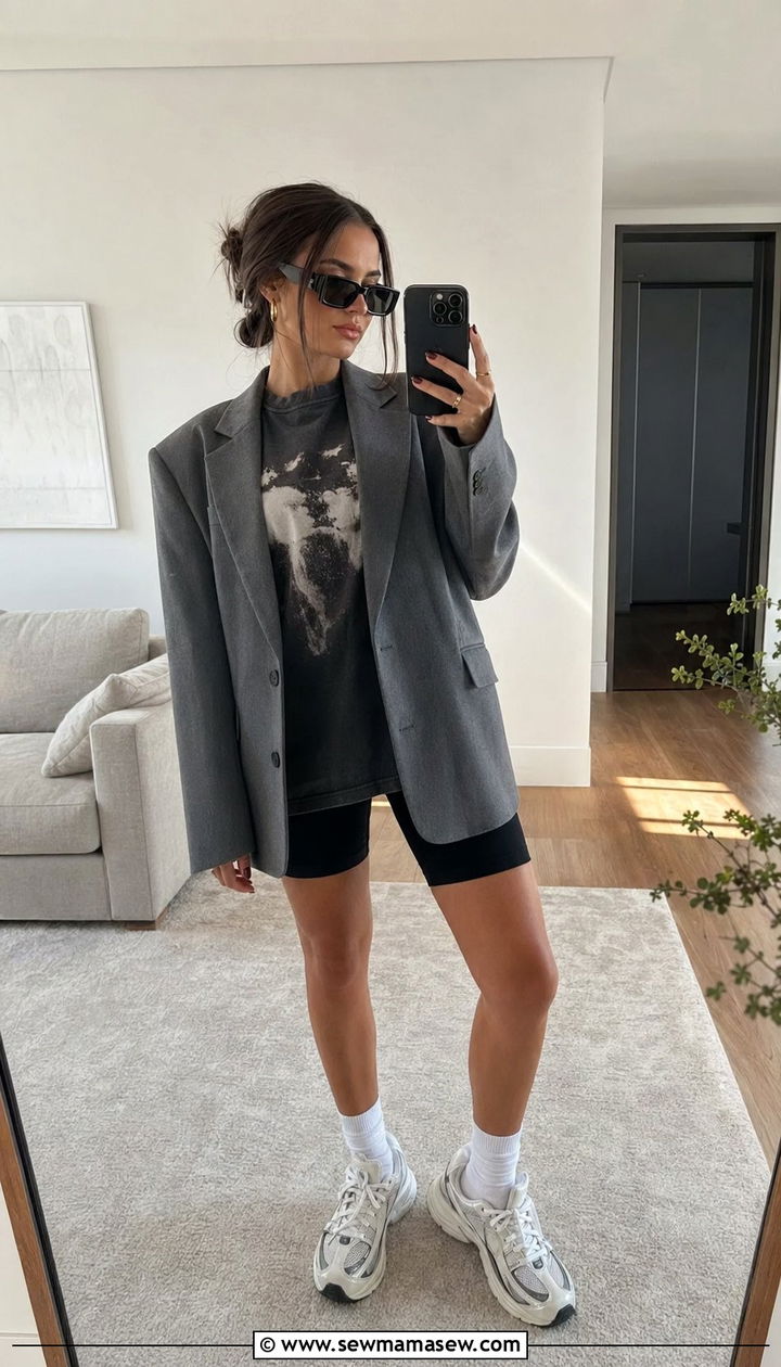 Graphic Tee with Biker Shorts and Oversized Blazer - 35 graphic tee outfit ideas for women
