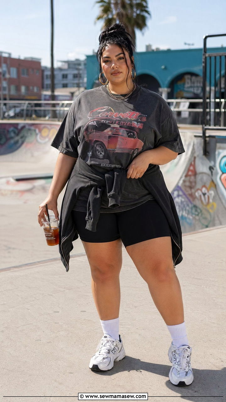 Graphic Tee with Biker Shorts and Oversized Hoodie - 35 casual outfits for curvy women