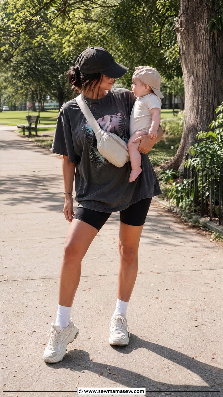Graphic Tee with Biker Shorts and Sneakers Outfit - 35 casual outfits for new moms