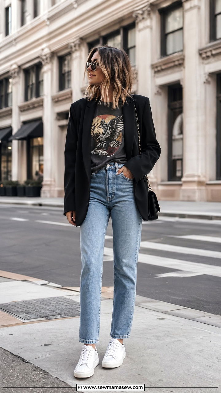 Graphic Tee with Blazer and Jeans - 35 Chic mom outfit ideas