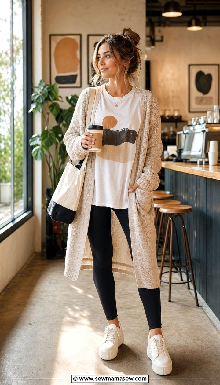 Graphic Tee with Cardigan and Leggings - 35 graphic tee outfit ideas for women
