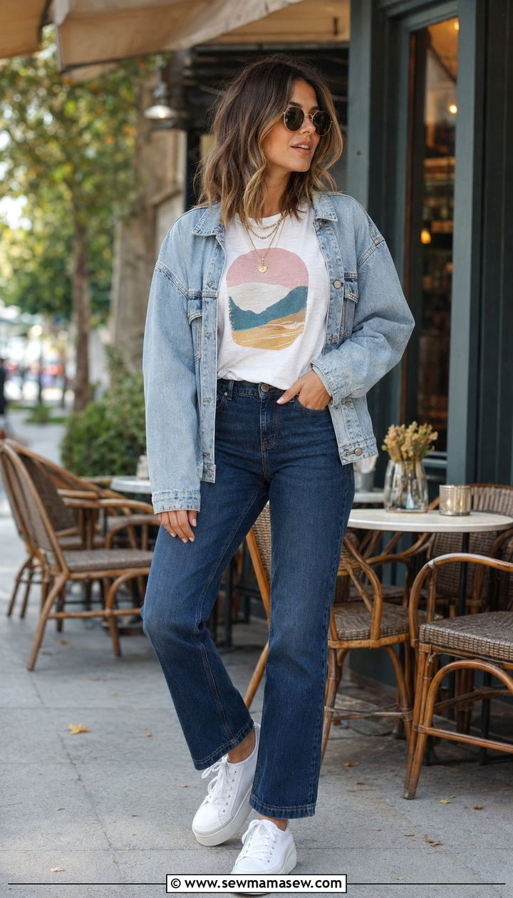 Graphic Tee with Denim Jacket and Jeans - 35 graphic tee outfit ideas for women