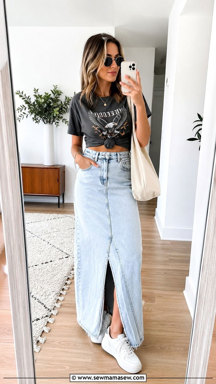 Graphic Tee with Denim Maxi Skirt and Sneakers - 30 spring denim maxi skirt outfit ideas