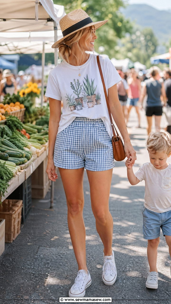 Graphic Tee with Gingham Shorts Outfit - 35 Summer outfits for busy moms