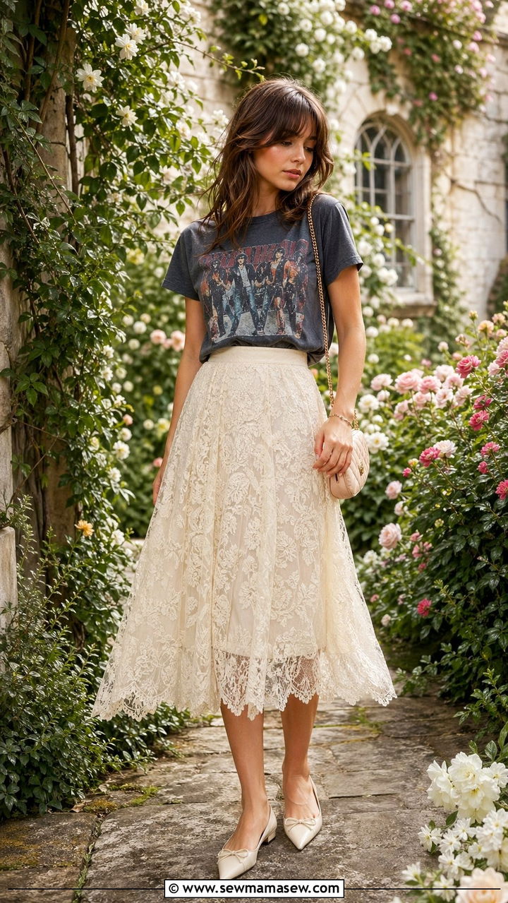 Graphic Tee with Lace Midi Skirt and Ballet Flats - 35 graphic tee outfit ideas for women