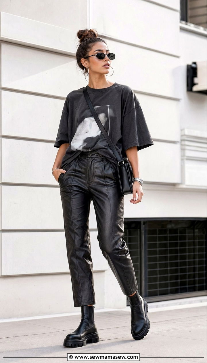 Graphic Tee with Leather Pants and Boots - 35 graphic tee outfit ideas for women