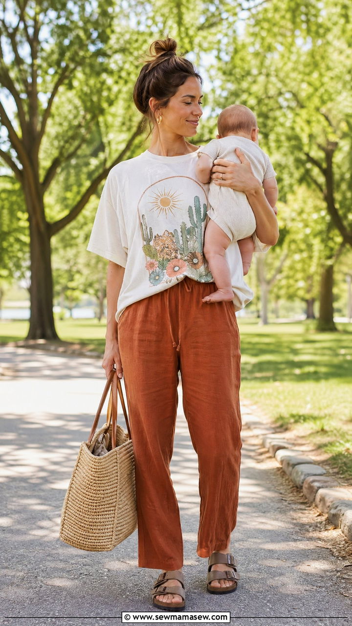 Graphic Tee with Linen Blend Pull On Pants Outfit - 35 casual outfits for new moms