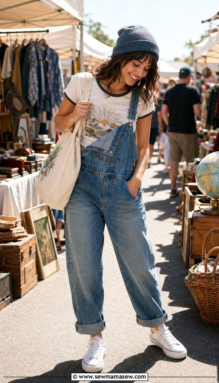 Graphic Tee with Overalls and Sneakers - 35 graphic tee outfit ideas for women