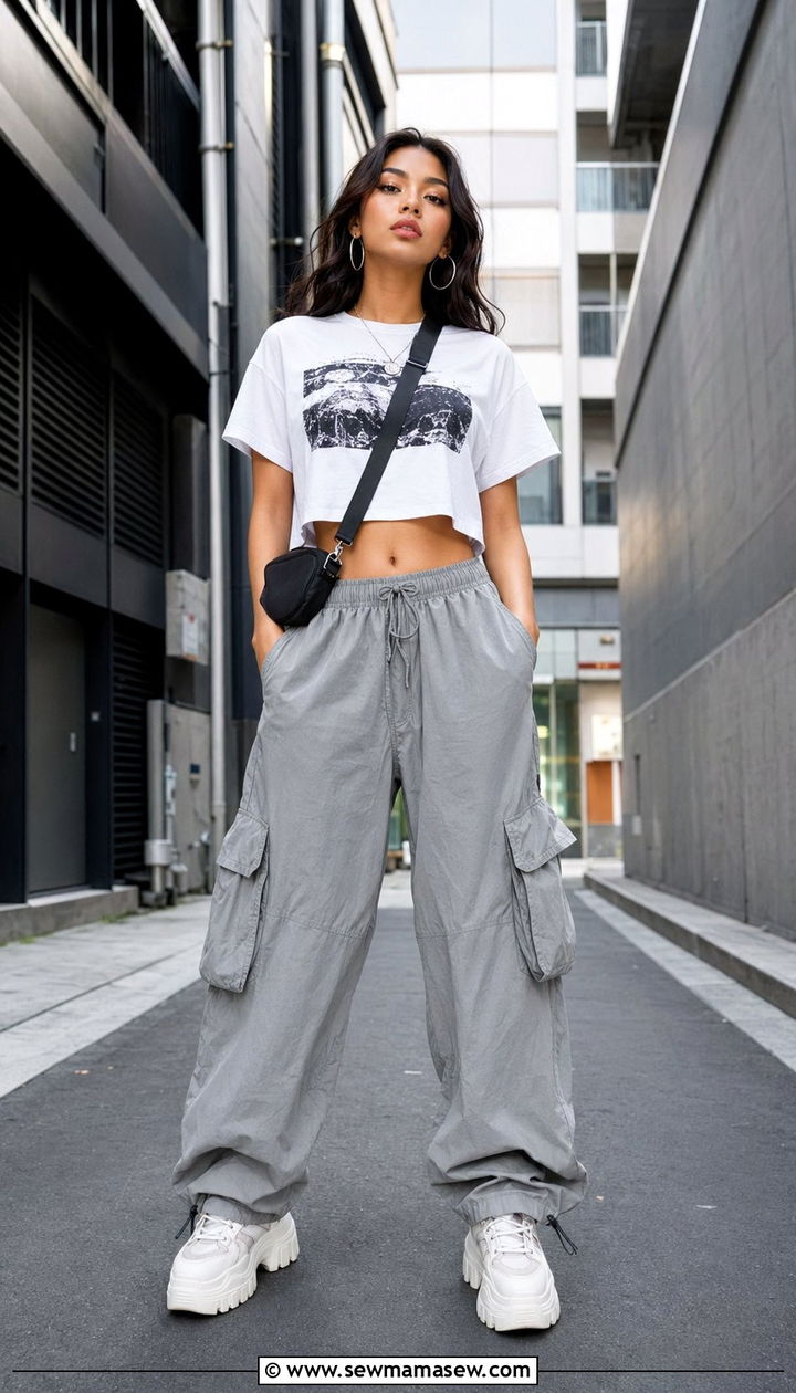 Graphic Tee with Parachute Pants and Platform Sneakers - 35 graphic tee outfit ideas for women