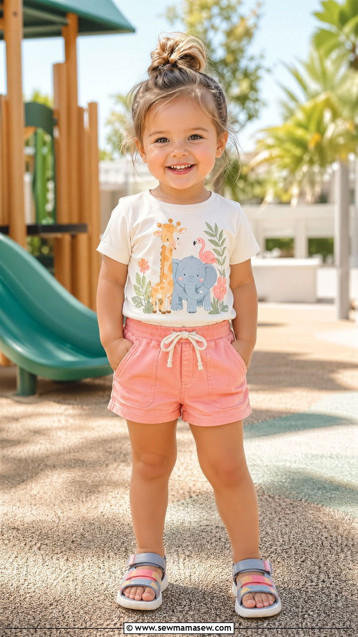 Graphic Tee with Pull On Shorts and Sandals - 35 Spring outfits for toddlers
