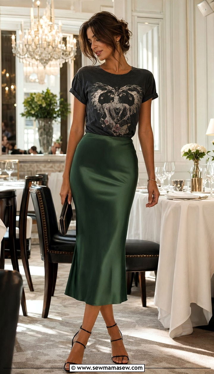 Graphic Tee with Satin Midi Skirt and Strappy Heels - 35 graphic tee outfit ideas for women