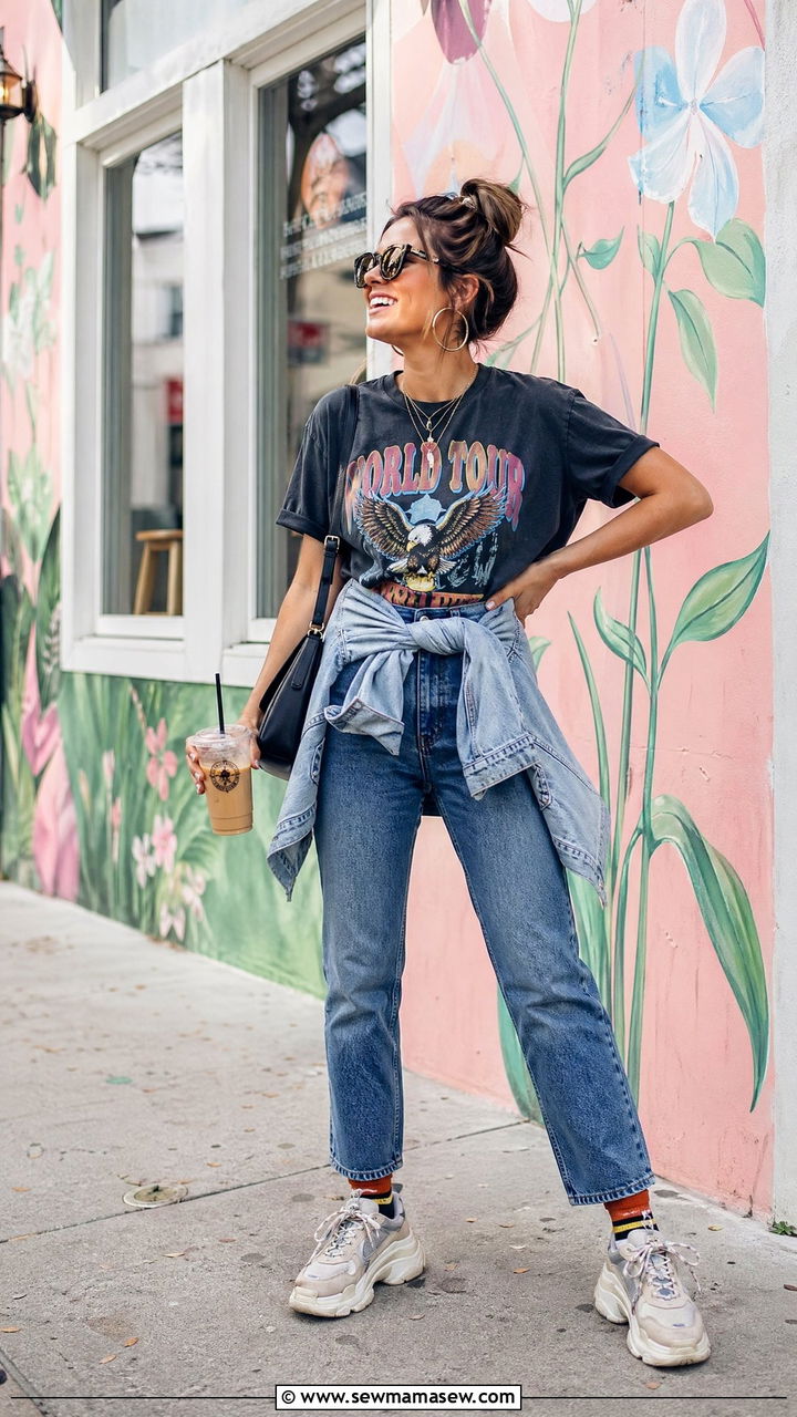 Graphic Tee with Sneakers and Straight Leg Jeans - 35 casual straight leg jeans outfits