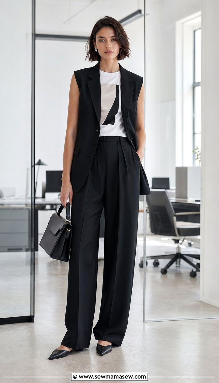 Graphic Tee with Suit Vest and Tailored Trousers - 35 graphic tee outfit ideas for women
