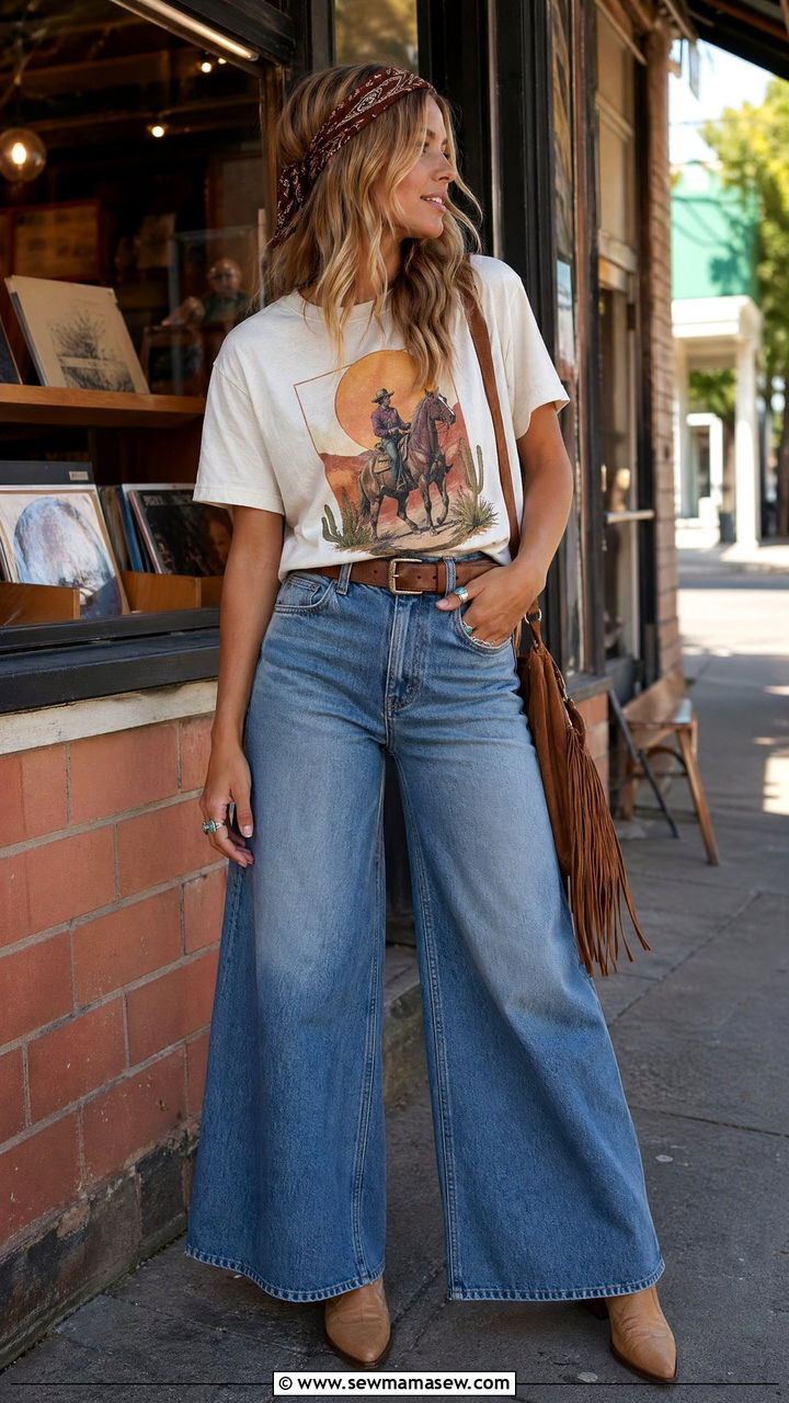 Graphic Tee with Wide Leg Jeans and Fringe Crossbody Bag - 35 coastal cowgirl outfits for women