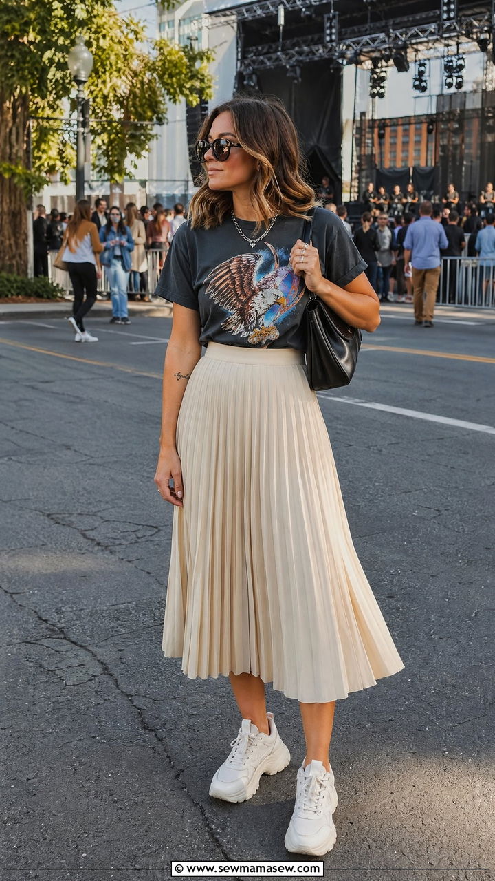 Graphic Tee with a Pleated Midi Skirt and Chunky Sneakers - 35 spring casual chic outfit ideas