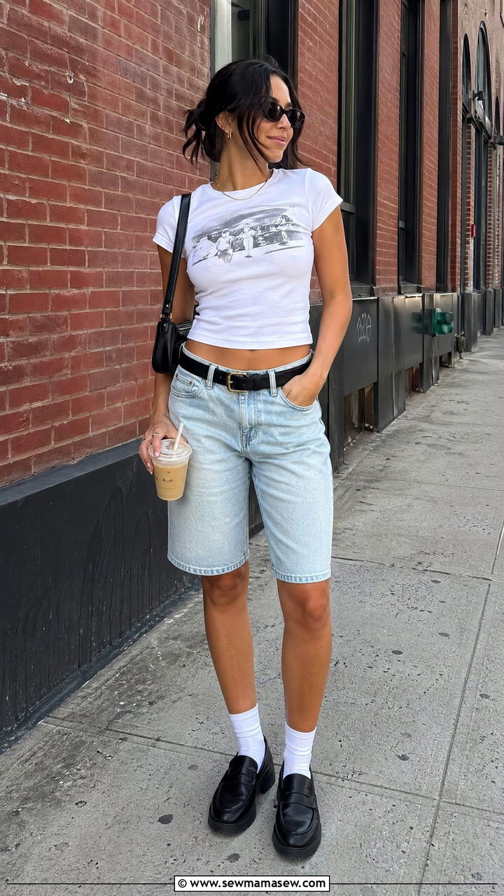 Graphic baby tee and denim bermuda shorts outfit - 35 summer outfits for young adults