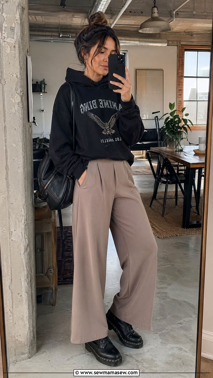 Graphic hoodie and wide leg trousers outfit - 35 Spring errands outfit ideas