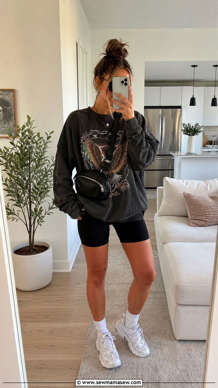 Graphic sweatshirt and biker shorts outfit - 35 spring comfy outfit ideas