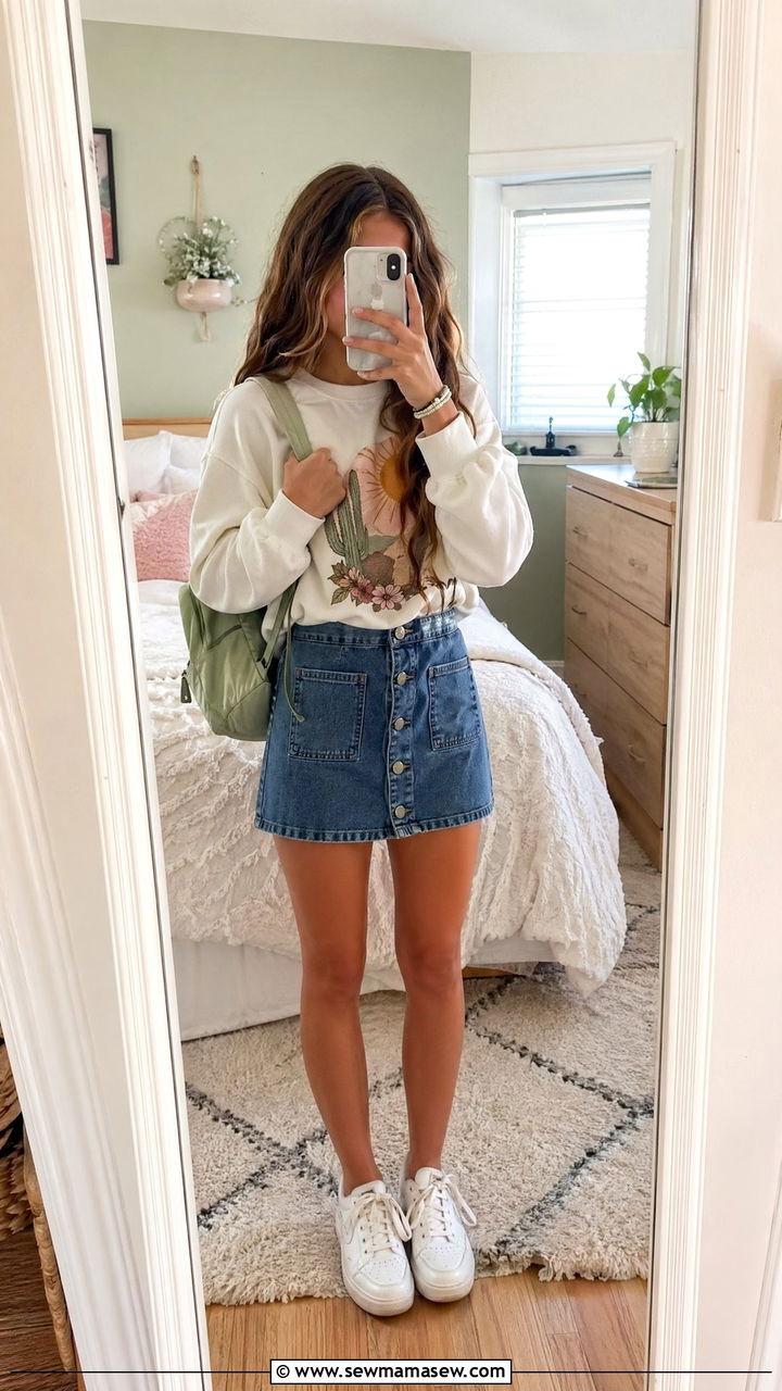Graphic sweatshirt and denim skirt summer outfit - 35 Summer outfits for middle school