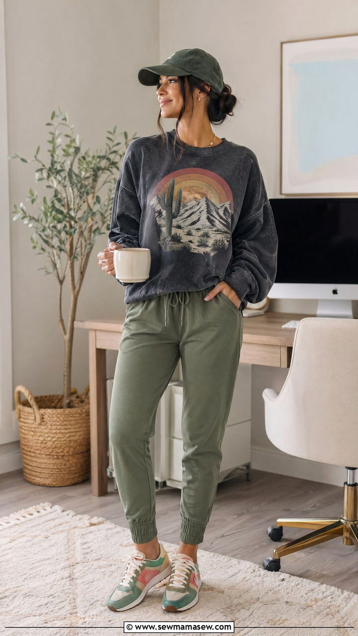 Graphic sweatshirt and joggers outfit - 35 Work from home outfits for moms