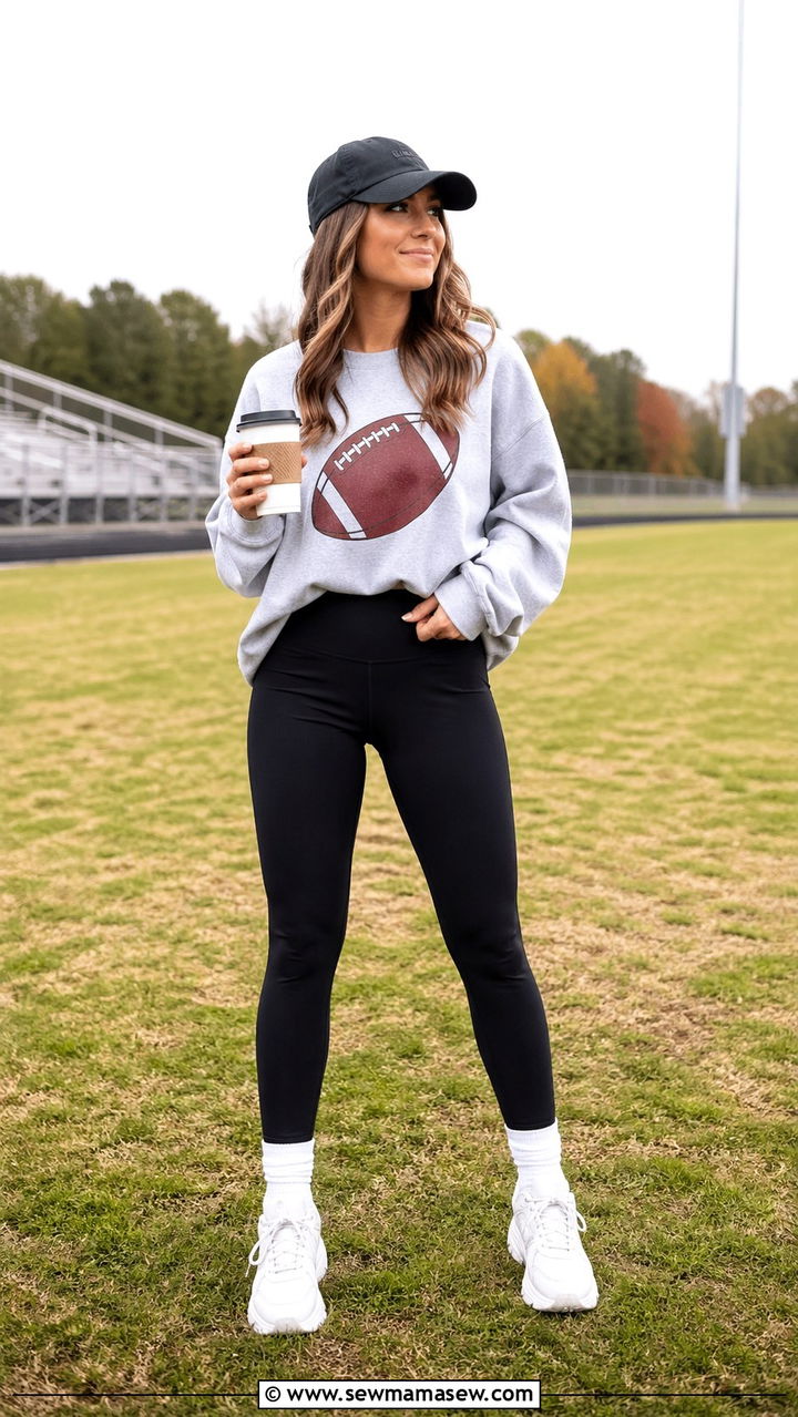Graphic sweatshirt with black leggings and sneakers - 30 Sports mom outfit ideas