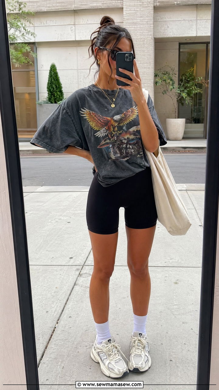 Graphic tee and bike shorts summer travel look - 35 Summer travel outfits