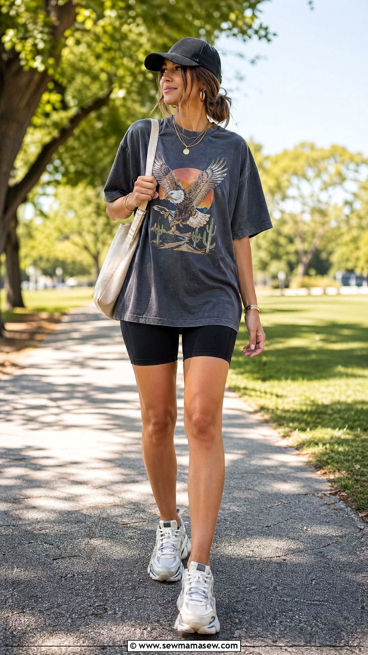 Graphic tee and biker shorts outfit - 35 Comfy outfits for moms