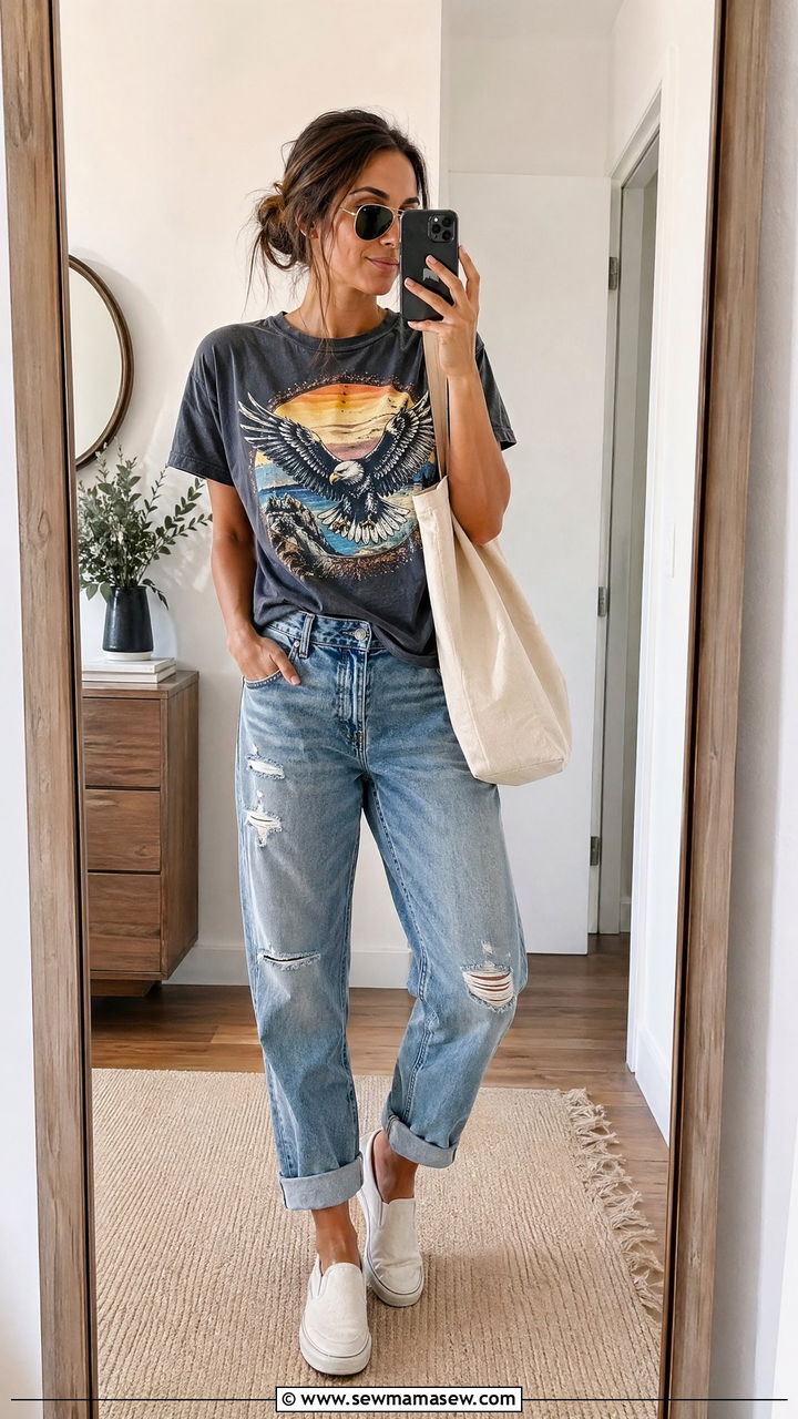 Graphic tee and boyfriend jeans - 35 Summer outfits with jeans