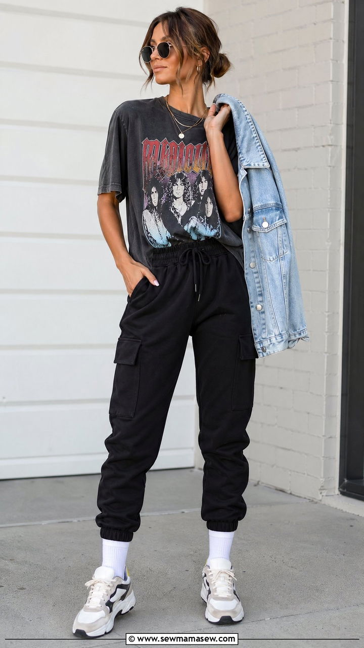 Graphic tee and cargo joggers - 35 sporty chic outfits ideas