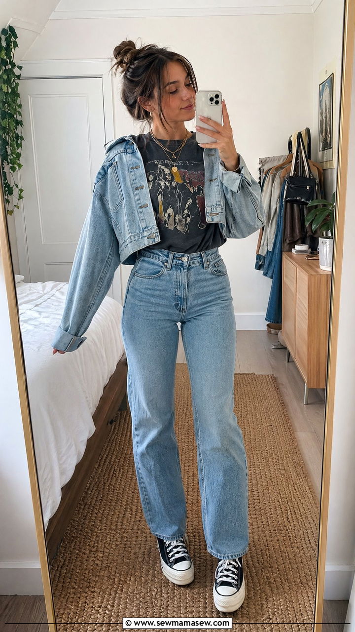 Graphic tee and denim jacket outfit - 35 cute school outfits