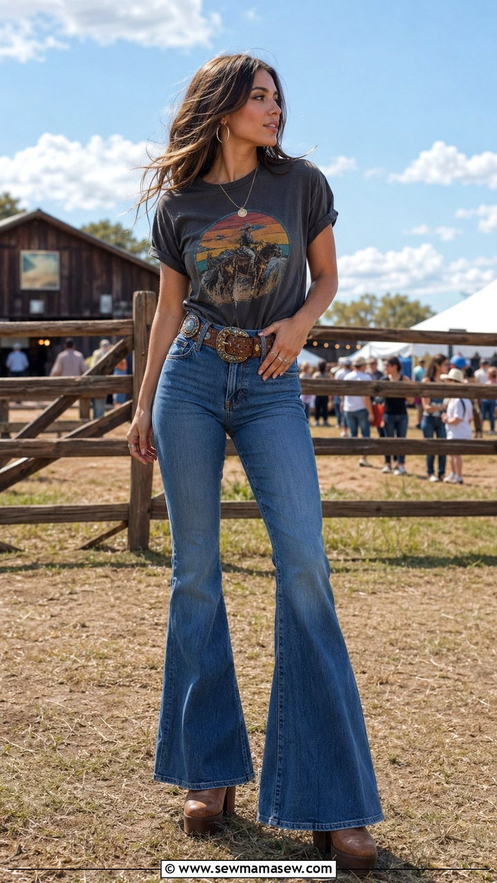 Graphic tee and flared jeans - 30 what to wear to a country concert
