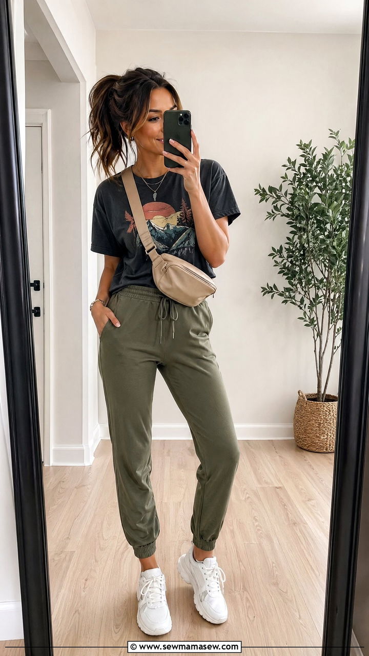 Graphic tee and jogger pants spring mom outfit - 35 Spring capsule wardrobe for moms