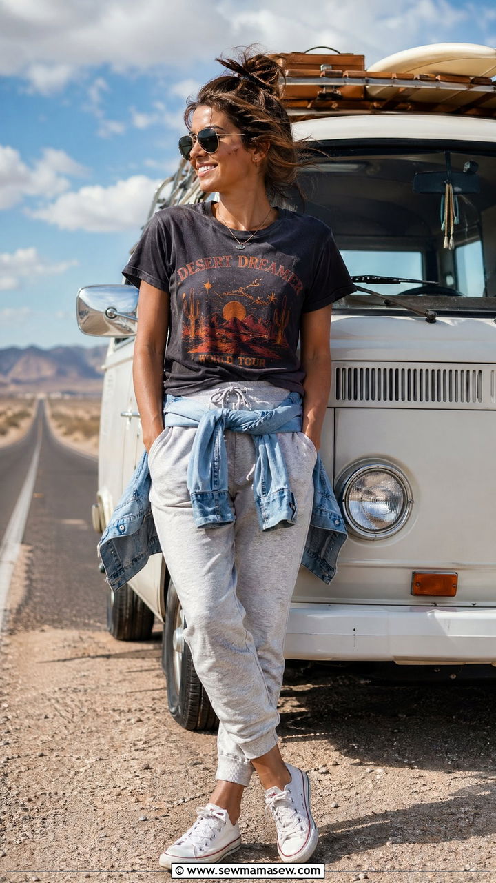 Graphic tee and joggers road trip outfit - 35 Travel day outfit ideas