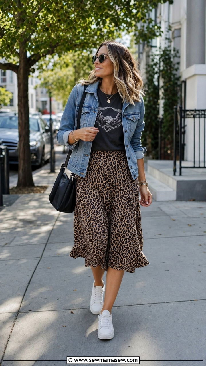 Graphic tee and leopard midi skirt outfit - 30 Aesthetic spring outfit ideas 2026