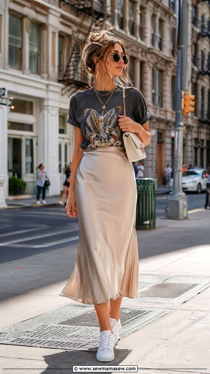 Graphic tee and satin skirt summer outfit - 35 summer skirt outfit ideas