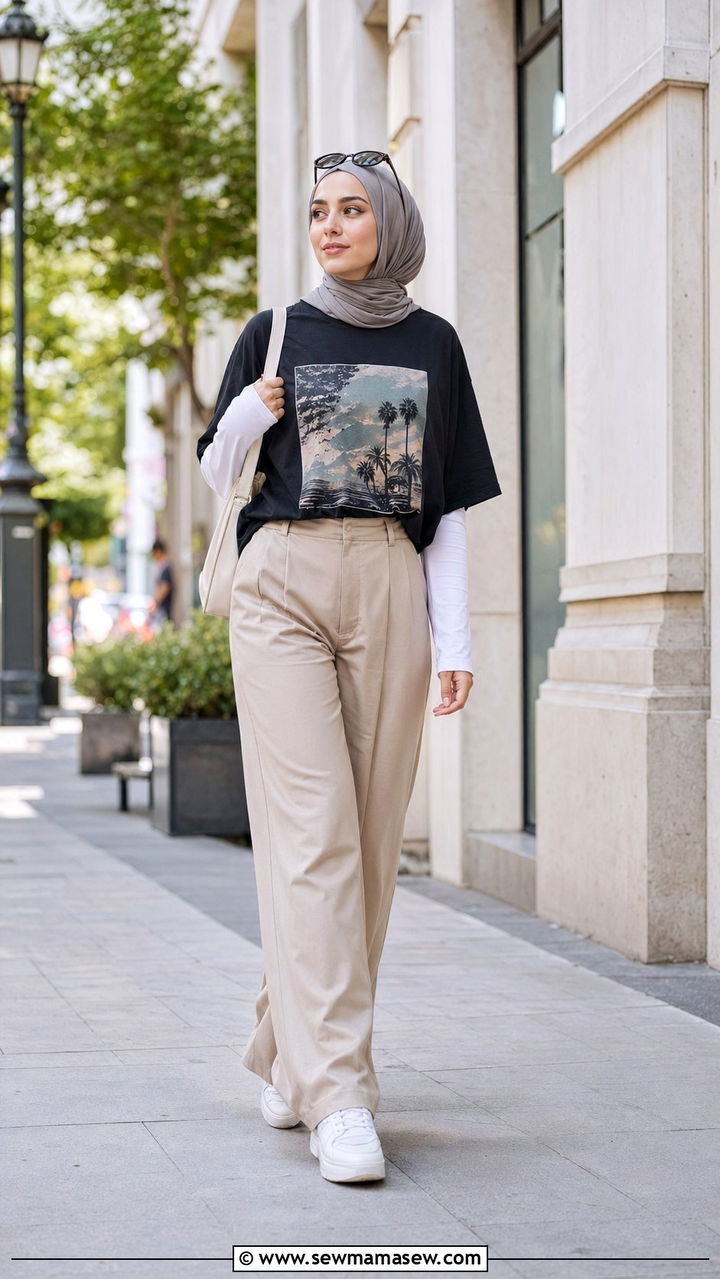 Graphic tee and wide leg pants hijab outfit - 35 Modest outfit ideas with hijab