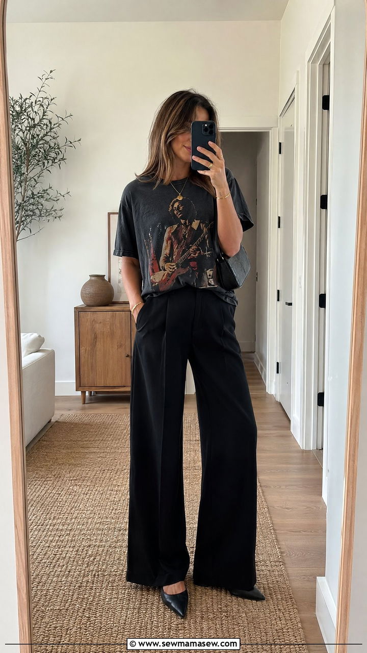 Graphic tee and wide leg pants outfit - 35 Cool girl outfit ideas