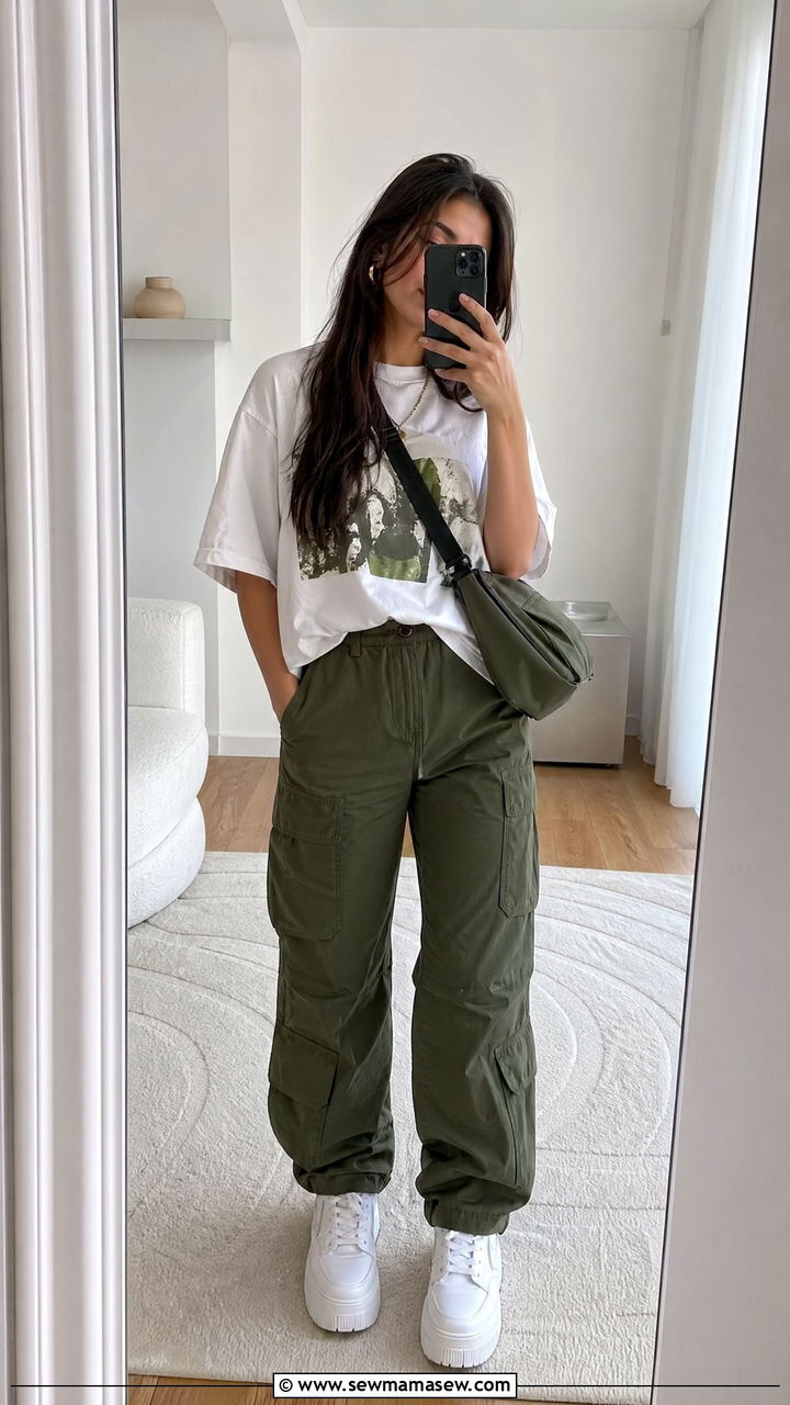 Graphic tee tucked into cargo pants with platform sneakers - 35 Spring outfits for teens