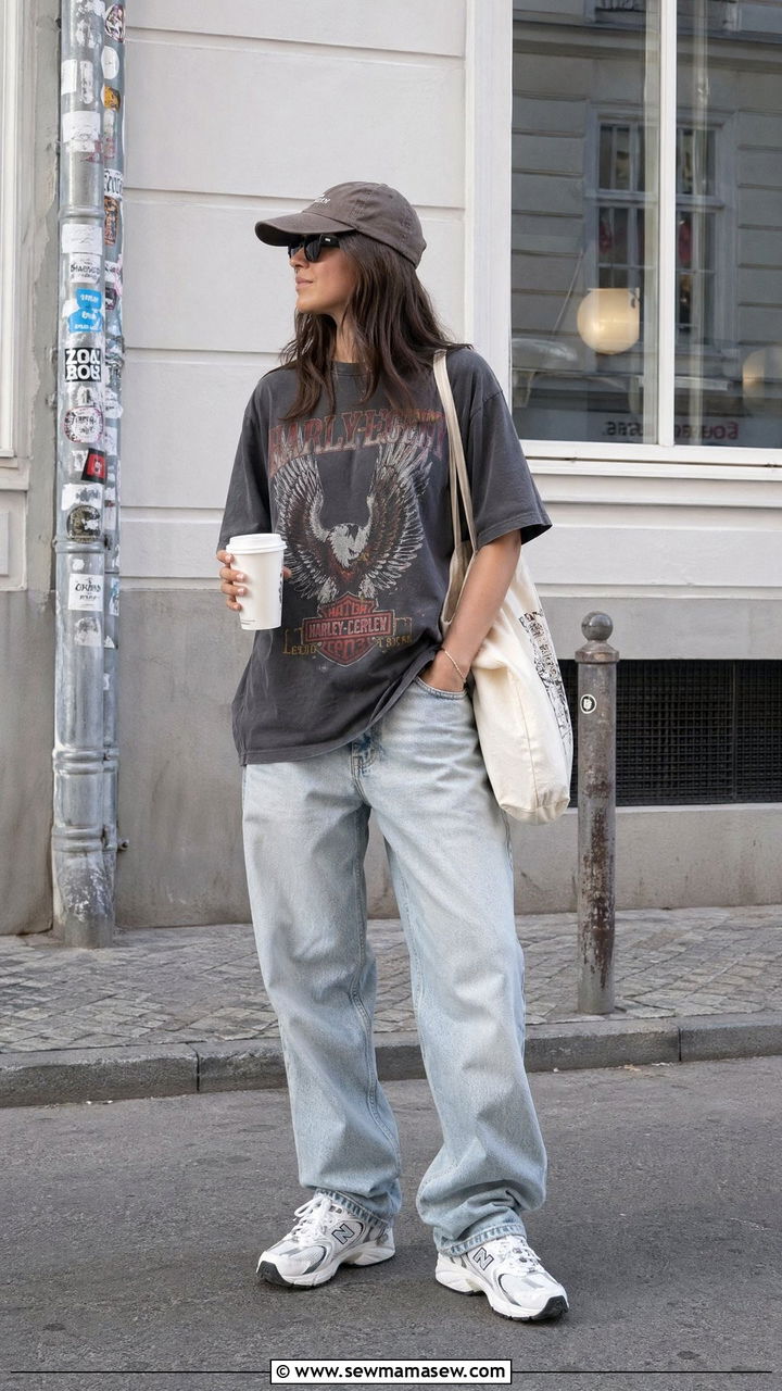 Graphic tee with baggy jeans and retro sneakers - 40 What to wear in Berlin