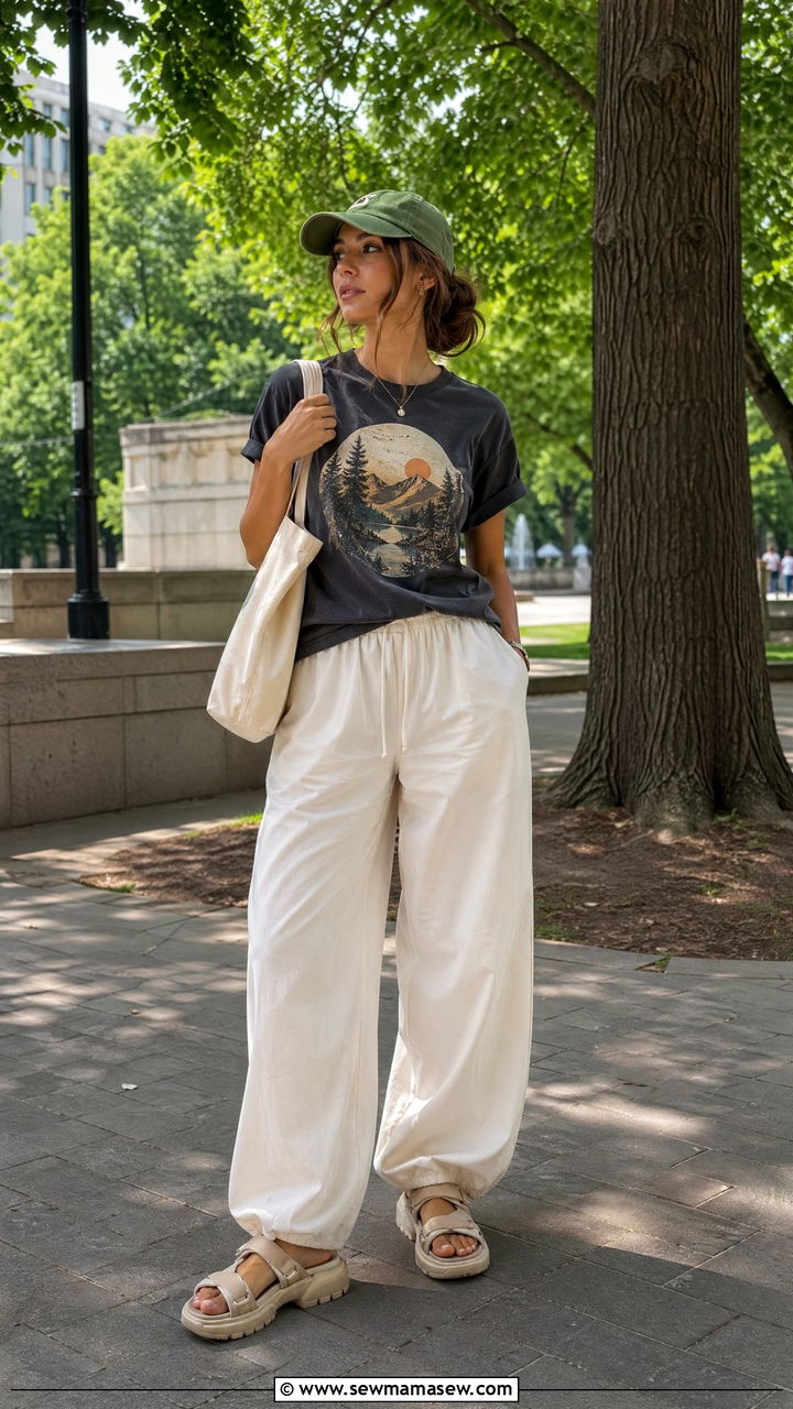 Graphic tee with baggy pants outfit - 35 summer easy outfit ideas