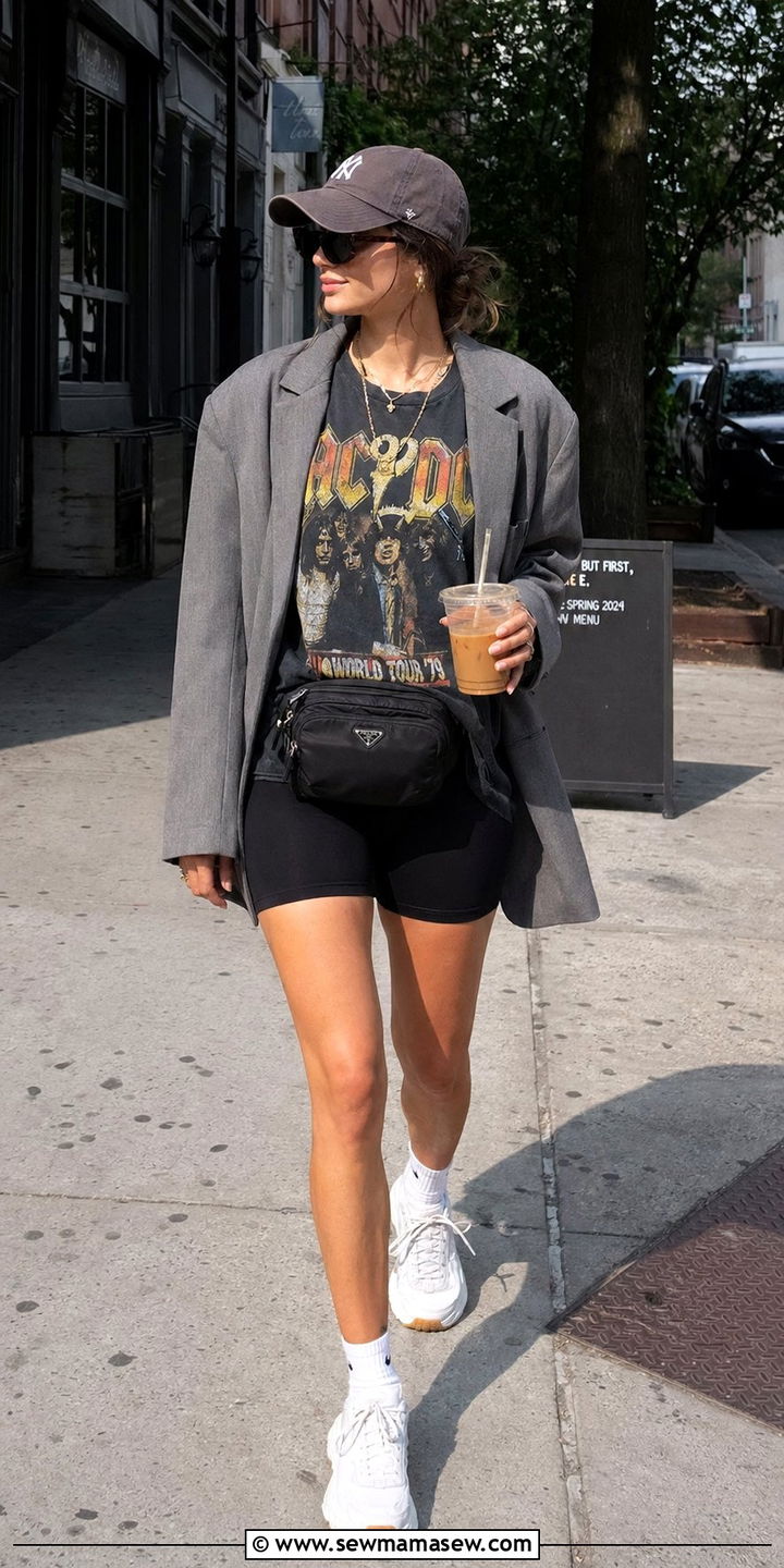 Graphic tee with blazer and biker shorts - 30 Biker shorts outfit ideas with a blazer