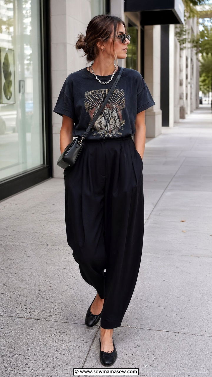 Graphic tee with cocoon trousers and ballet flats - 35 Vacation outfit ideas summer 2026