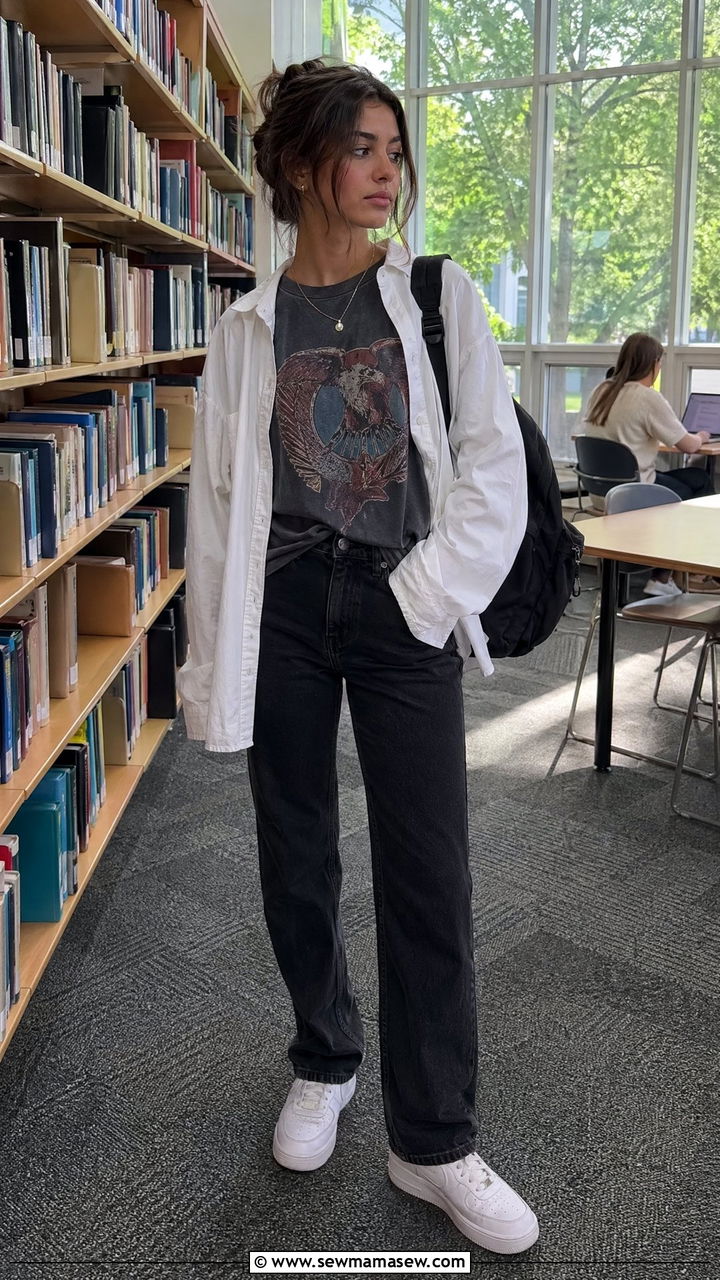 Graphic tee with oversized shirt and jeans outfit - 35 Spring outfits for school