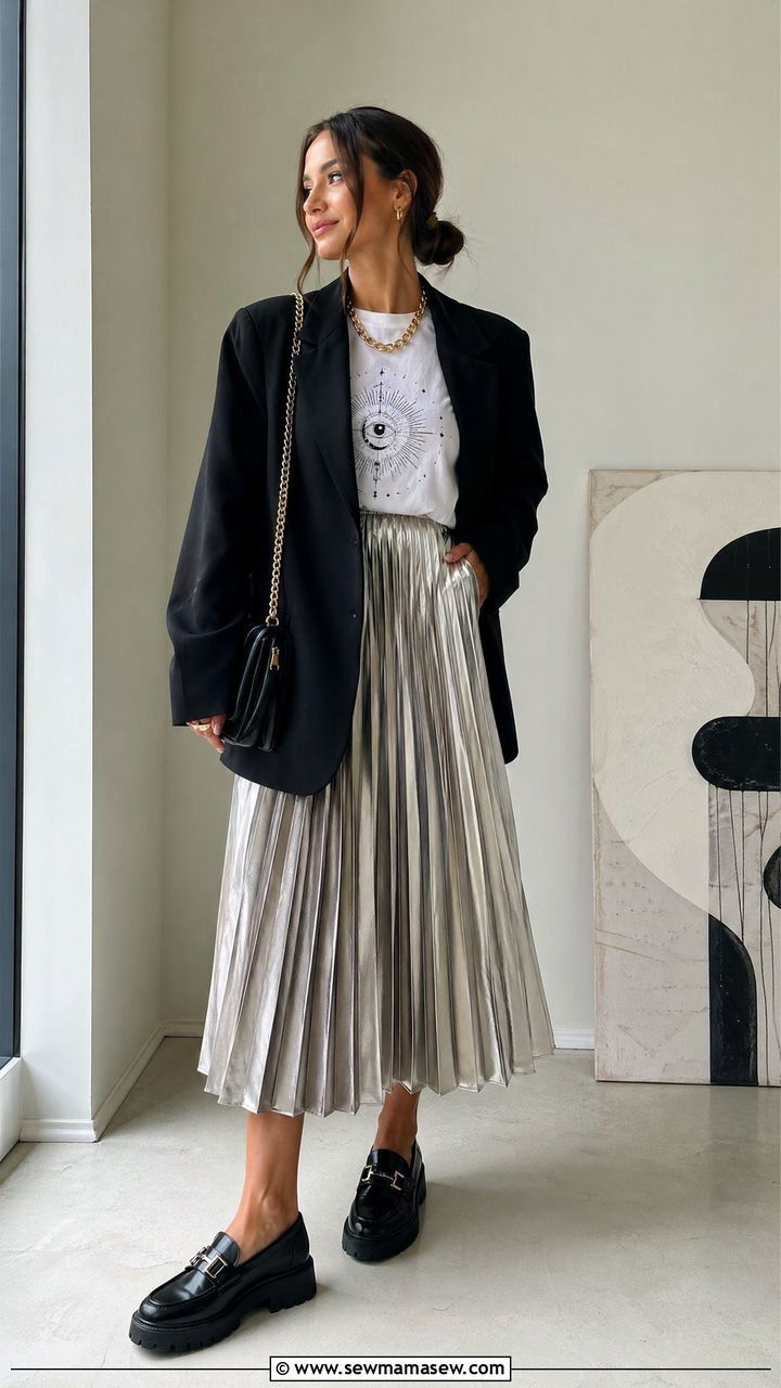 Graphic tee with pleated midi skirt and blazer - 35 spring smart casual outfit ideas