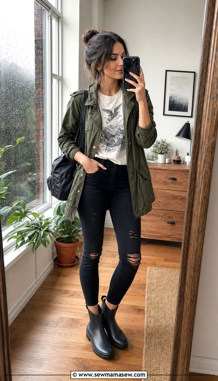 Graphic tee with ripped skinny jeans and short rain boots - 35 rainy day outfits for women