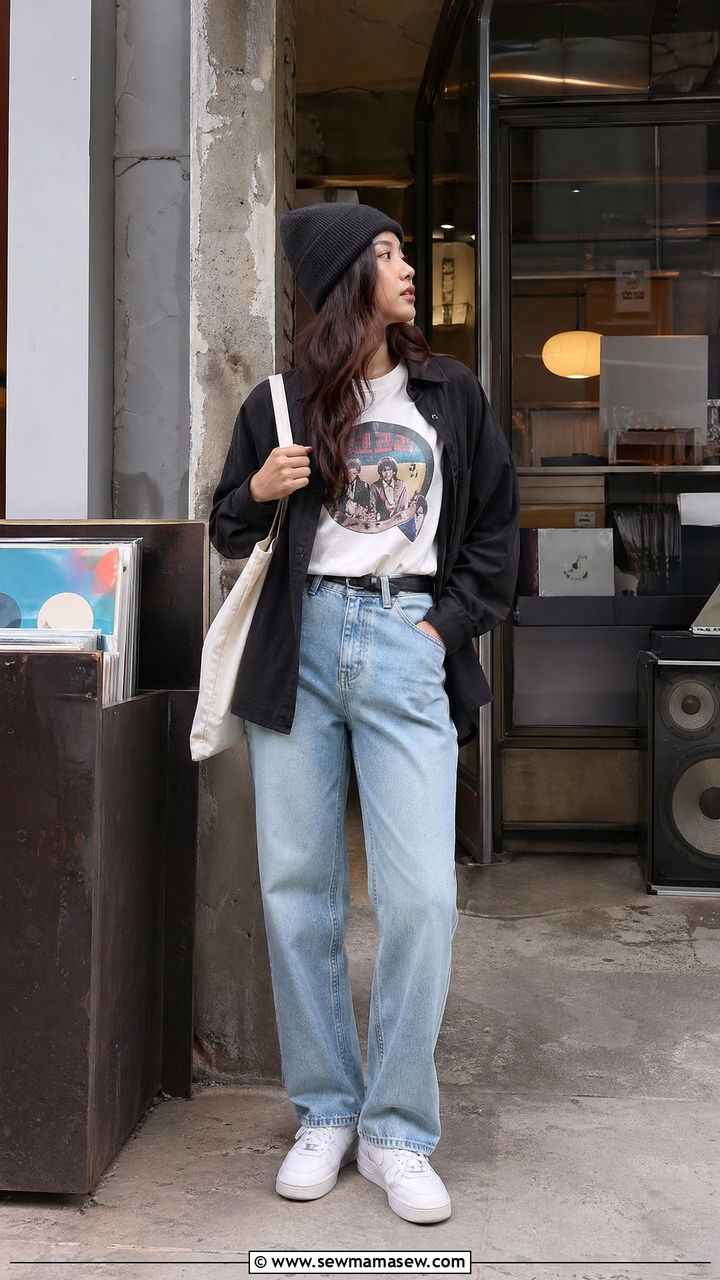 Graphic tee with straight leg jeans and sneakers - 35 Seoul vacation outfit ideas