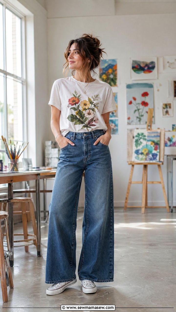 Graphic tee with wide leg jeans and canvas sneakers - 35 spring teacher outfit ideas